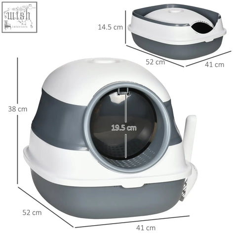 Gray and white plastic pawhut foldable cat litter box with round entrance side handle removable tray and sand leak pedal