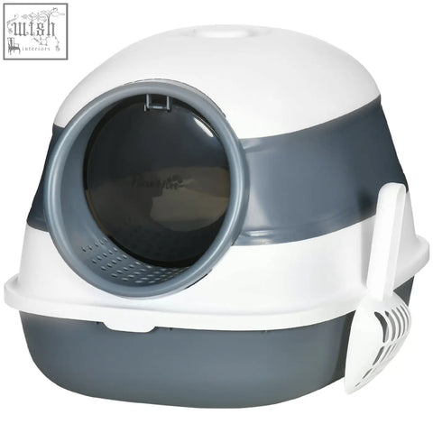 Pawhut white and gray plastic cat litter box with circular entrance and integrated scoop for easy sand leak pedal use