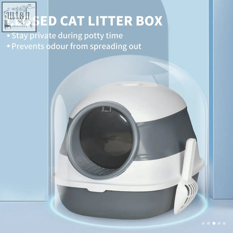 Pawhut foldable cat litter box with white and gray plastic, transparent dome lid, and sand leak pedal for privacy and deodorant