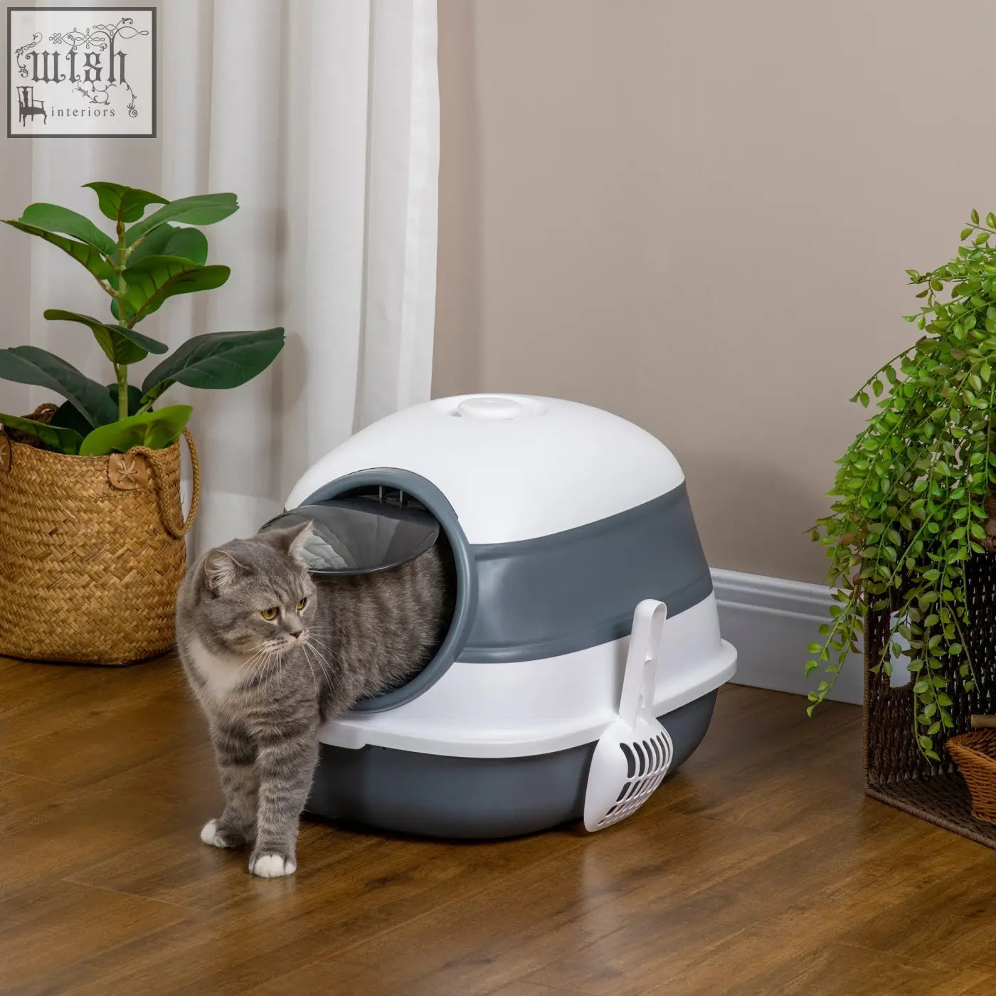 Gray and white dome-shaped pawhut foldable cat litter box with side entrance scoop and deodorant for easy sand leak pedal use