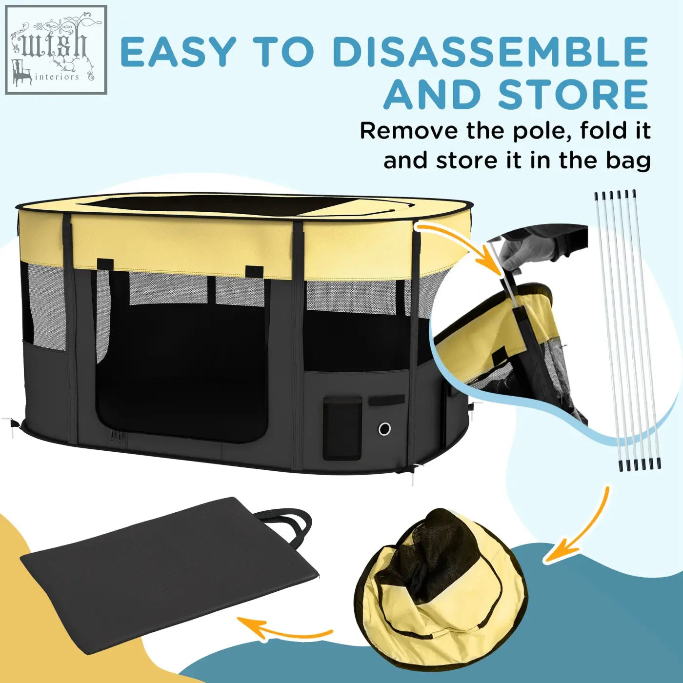 Yellow and black foldable pet playpen with mesh windows ground stakes and storage bag for indoor outdoor use