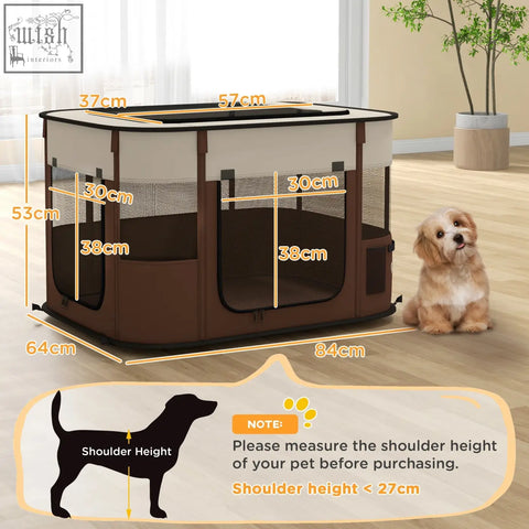 Brown and beige foldable pawhut pet playpen with mesh windows and ground stakes for indoor outdoor use