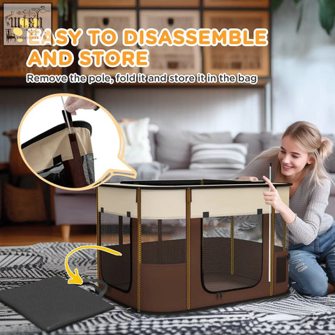 Brown and beige foldable pawhut pet playpen with mesh windows and ground stakes for indoor outdoor use