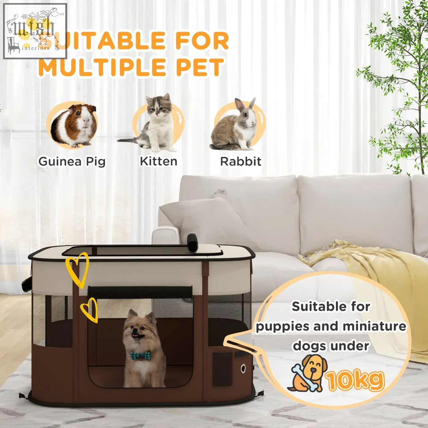 Brown and beige foldable pawhut pet playpen with mesh windows and ground stakes for small dogs under 10kg