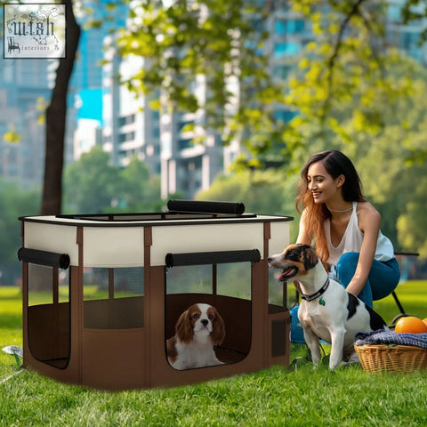Brown and cream pawhut foldable pet playpen with mesh windows black roll up handles and ground stakes for indoor outdoor use
