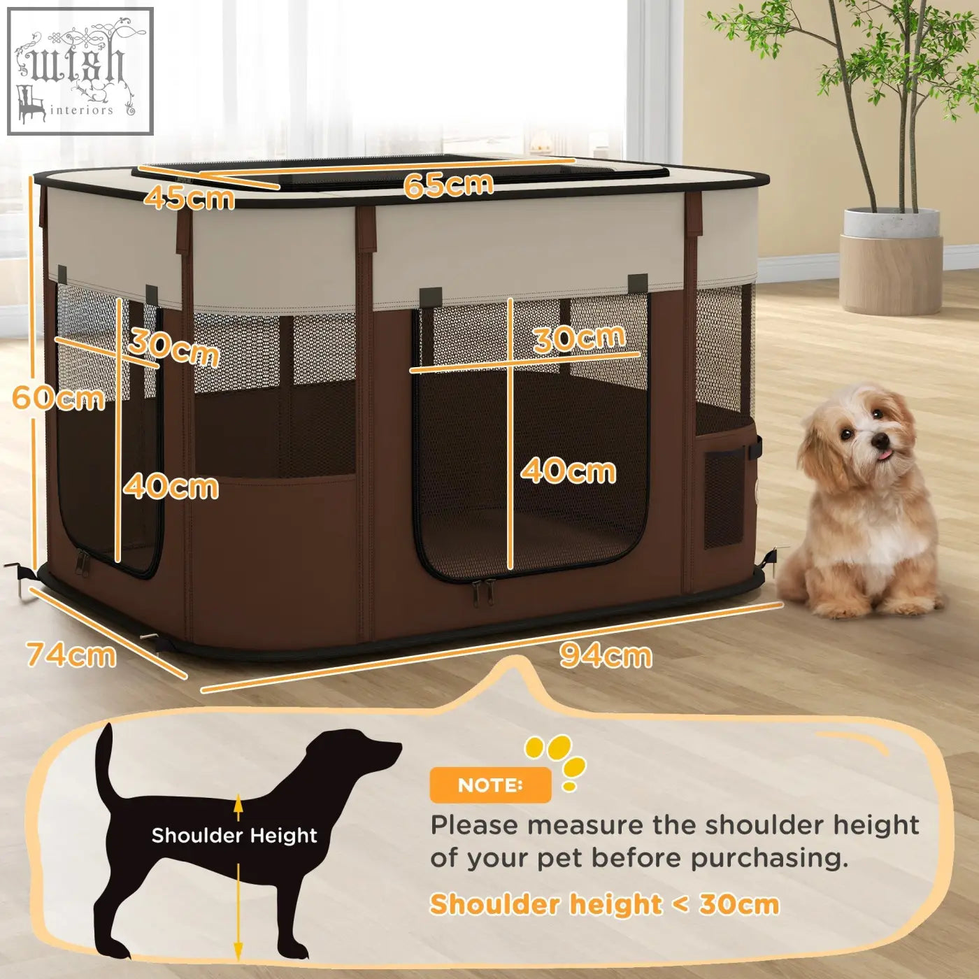 Brown and beige foldable pawhut pet playpen with mesh windows and ground stakes for indoor outdoor use
