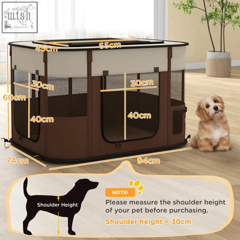 Brown and beige foldable pawhut pet playpen with mesh windows and ground stakes for indoor outdoor use