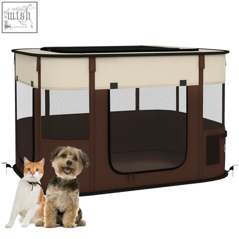 Brown and cream pawhut foldable pet playpen with mesh windows and ground stakes for indoor outdoor use