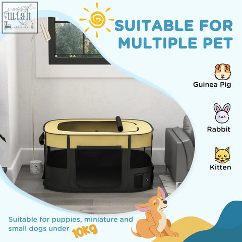 Yellow and black foldable pawhut pet playpen with mesh windows and ground stakes for indoor outdoor use