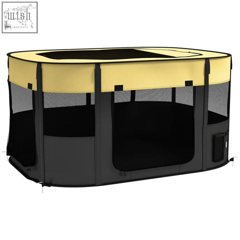 Yellow and black foldable pet playpen with mesh windows, solid top, and ground stakes for indoor and outdoor use