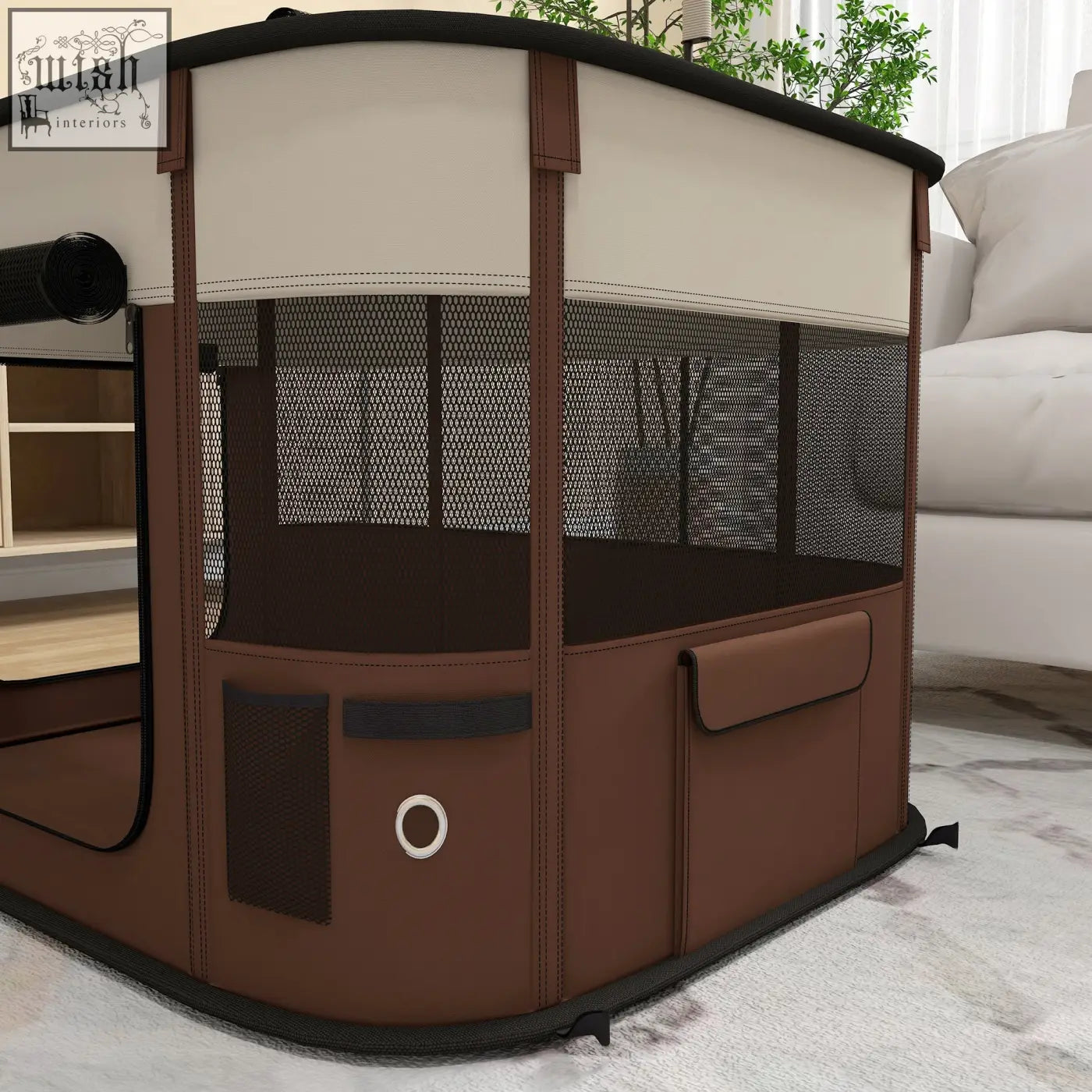 Brown and cream pawhut portable pet playpen with mesh windows fabric pockets and ground stakes for indoor outdoor use