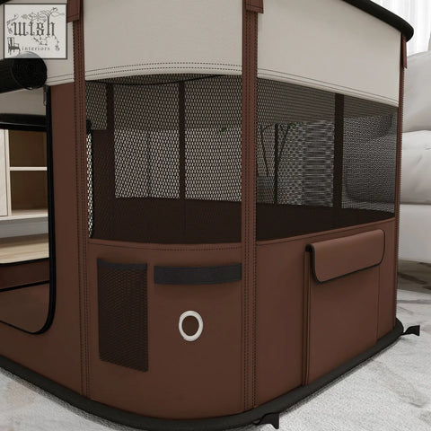Brown and white pawhut foldable pet playpen with mesh windows, fabric panels, and ground stakes for indoor outdoor use