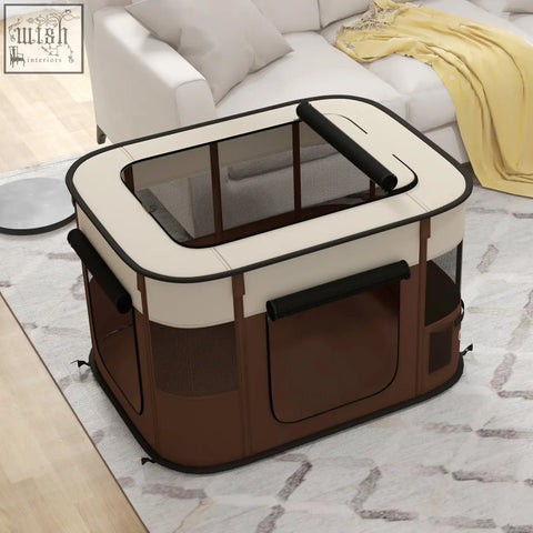 Brown and cream foldable pet playpen with mesh windows black handles and ground stakes for indoor outdoor use
