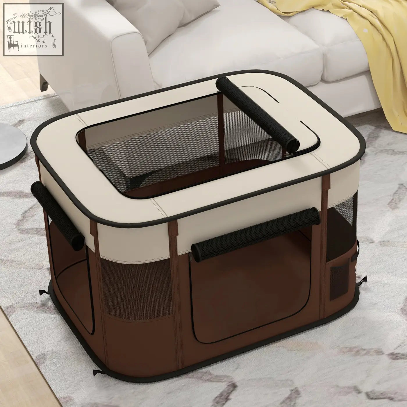 Brown and cream foldable pawhut pet playpen with mesh windows ground stakes and handles for indoor outdoor use