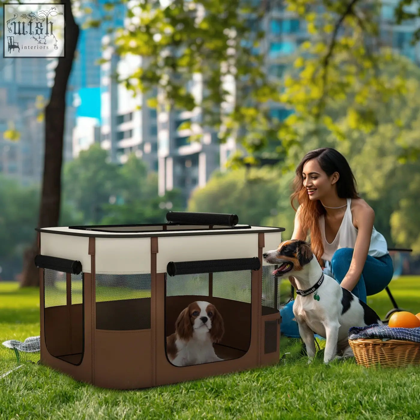 Brown and cream pawhut foldable pet playpen with mesh windows and ground stakes for indoor and outdoor use