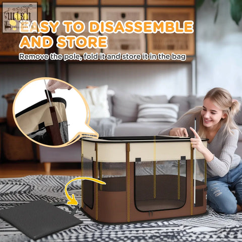 Brown and beige pawhut foldable pet playpen with mesh windows, ground stakes, and storage bag for indoor outdoor use