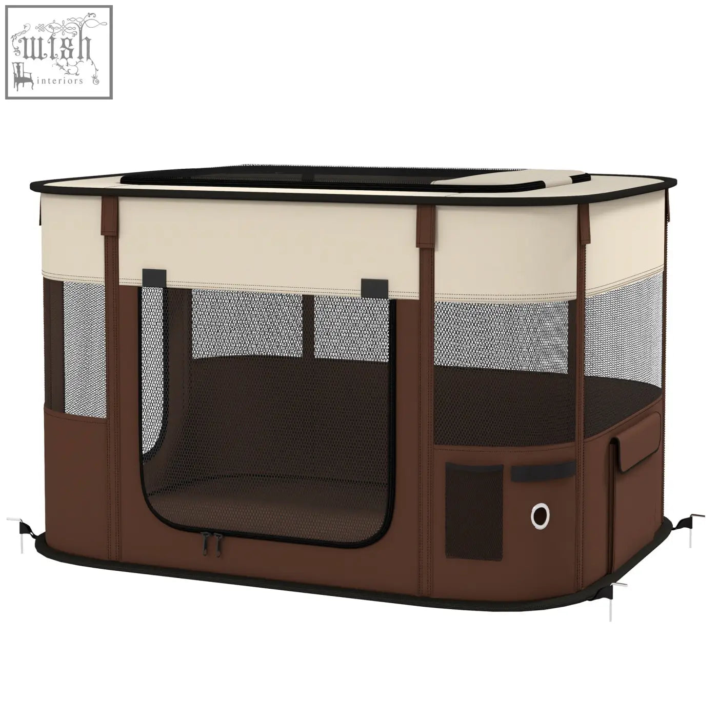 Brown and cream pawhut foldable pet playpen with mesh windows, ground stakes, and black top for indoor outdoor use