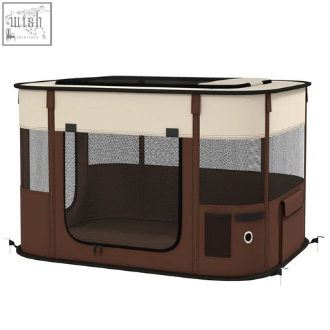 Brown and cream pawhut foldable pet playpen with mesh windows, ground stakes, and black top for indoor outdoor use