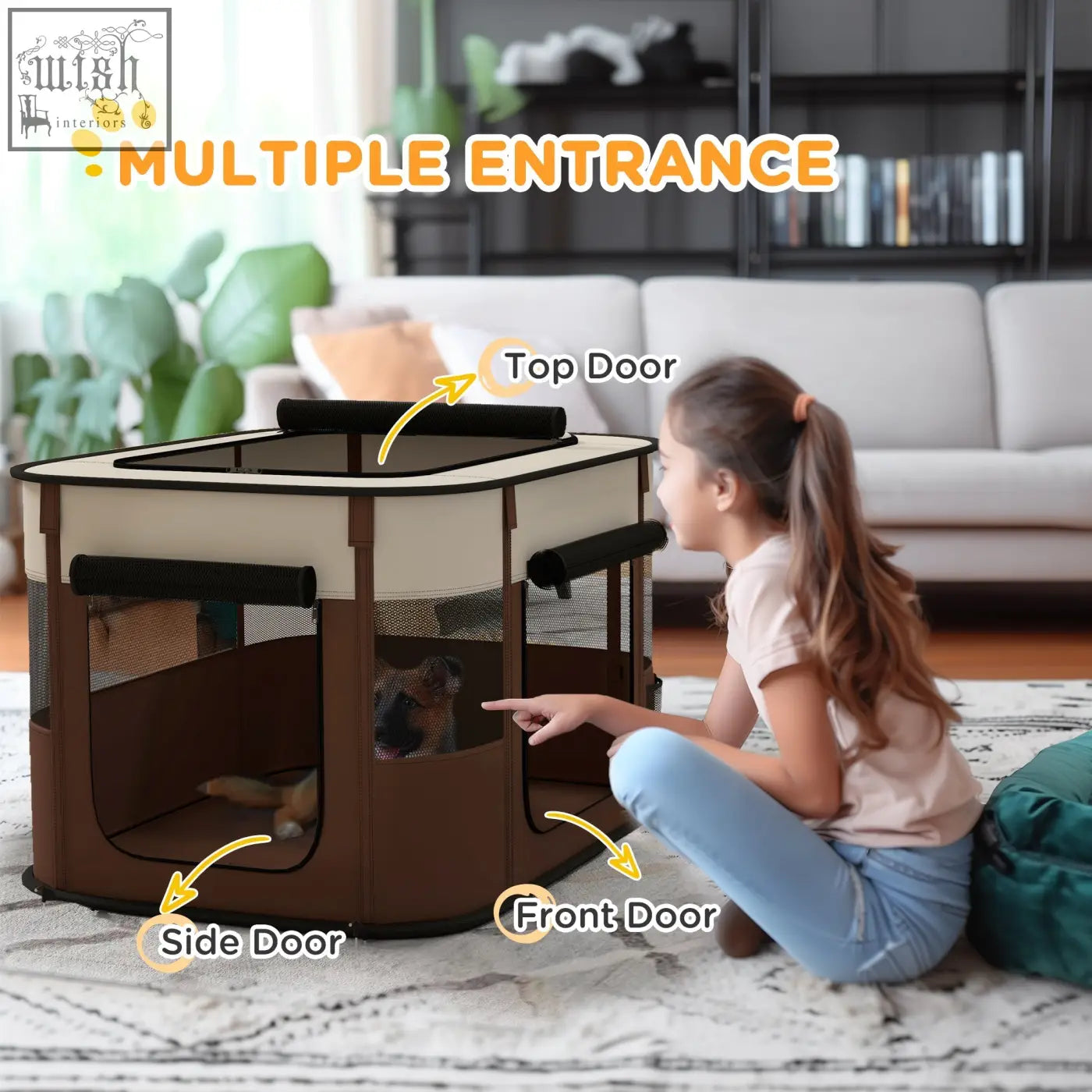 Brown and cream pawhut foldable pet playpen with mesh windows ground stakes and multiple doors for indoor outdoor use