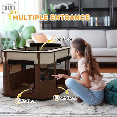 Brown and cream pawhut foldable pet playpen with mesh windows ground stakes and multiple doors for indoor outdoor use
