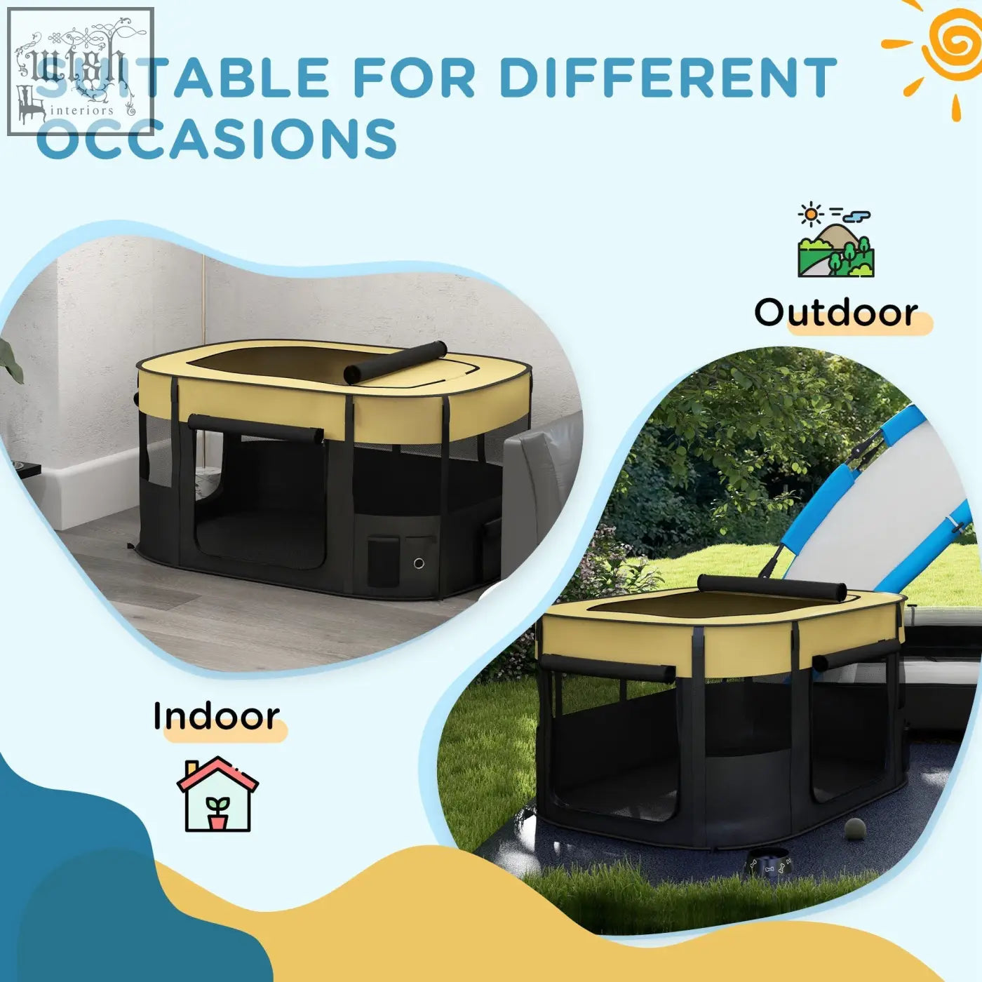 Yellow and black foldable pet playpen with mesh windows and ground stakes portable for indoor outdoor use