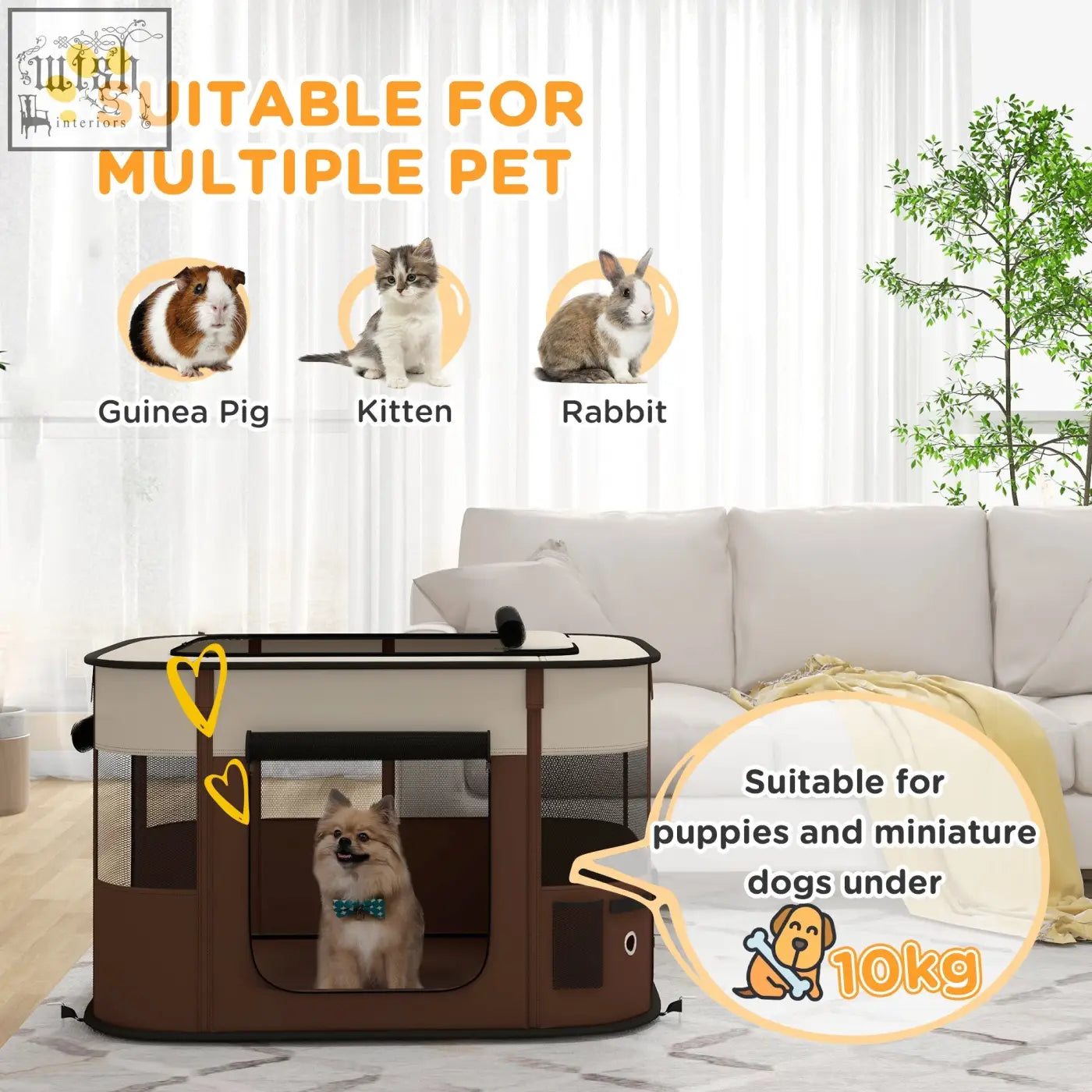 Brown and beige foldable pawhut pet playpen with mesh windows and ground stakes for small dogs under 10kg