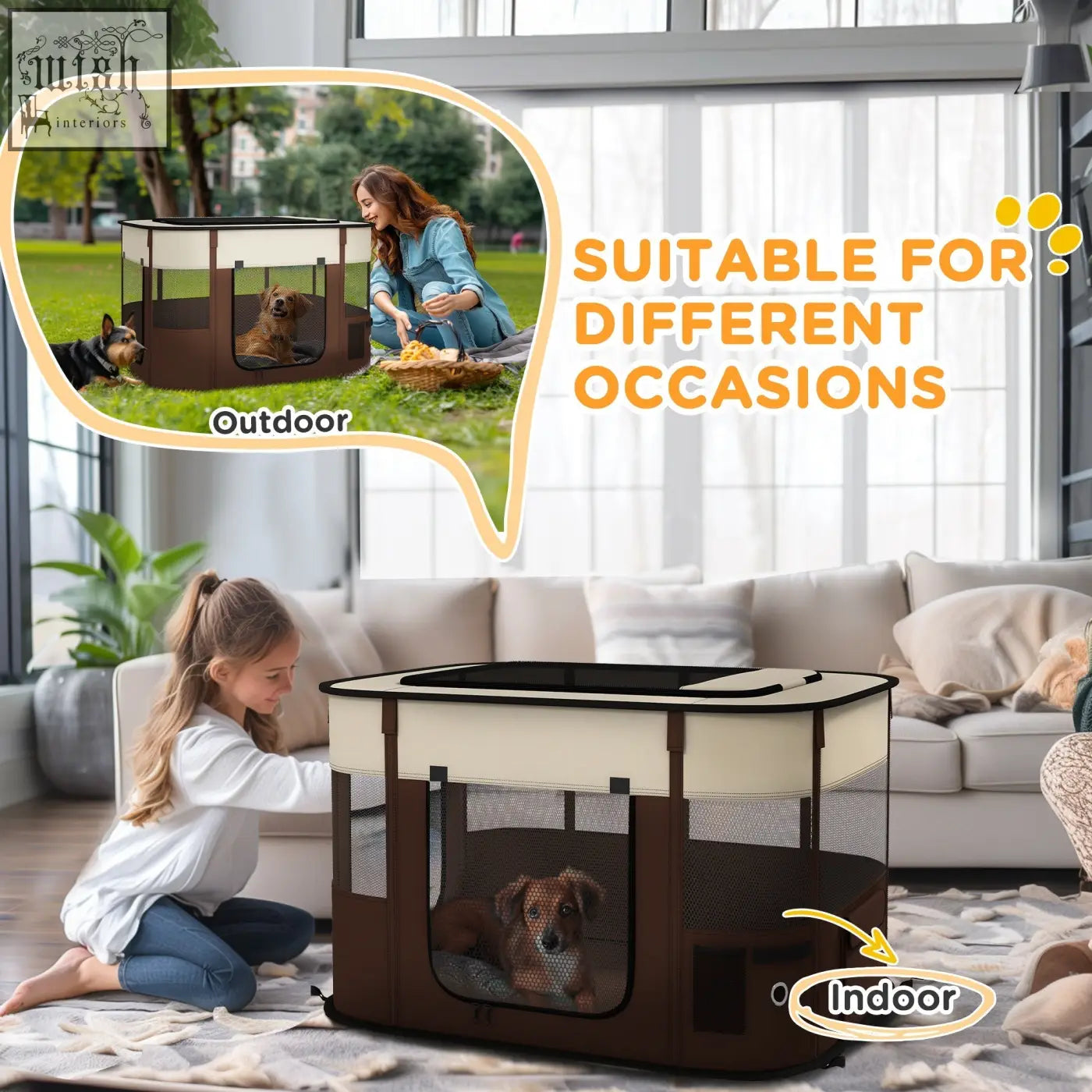 Brown and cream foldable pawhut pet playpen with mesh windows and ground stakes for indoor and outdoor use