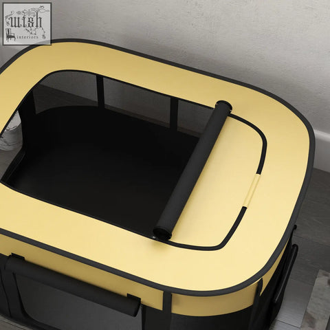 Yellow and black foldable pet playpen with mesh windows and ground stakes for indoor outdoor use by PawHut