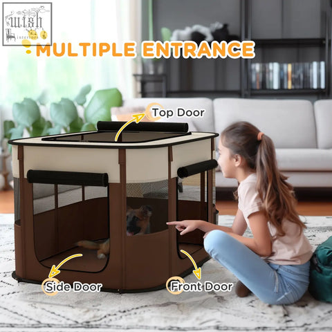 Brown and beige pawhut foldable pet playpen with mesh windows multiple entrances and ground stakes for indoor outdoor use