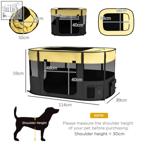 PawHut foldable dog pen with mesh windows and ground stakes, collapsible black and yellow pet playpen for indoor outdoor use