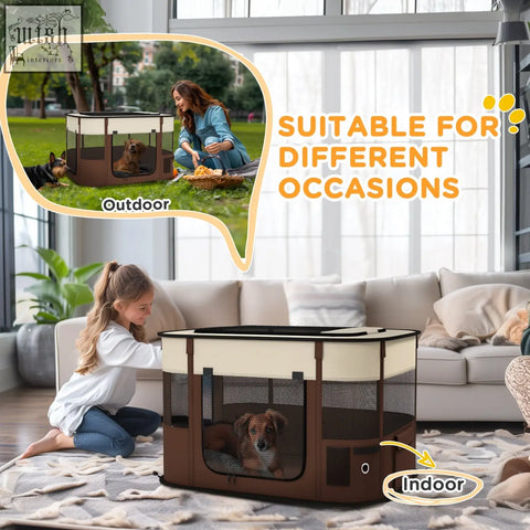 Brown and cream pawhut foldable pet playpen with mesh windows and ground stakes for indoor and outdoor use