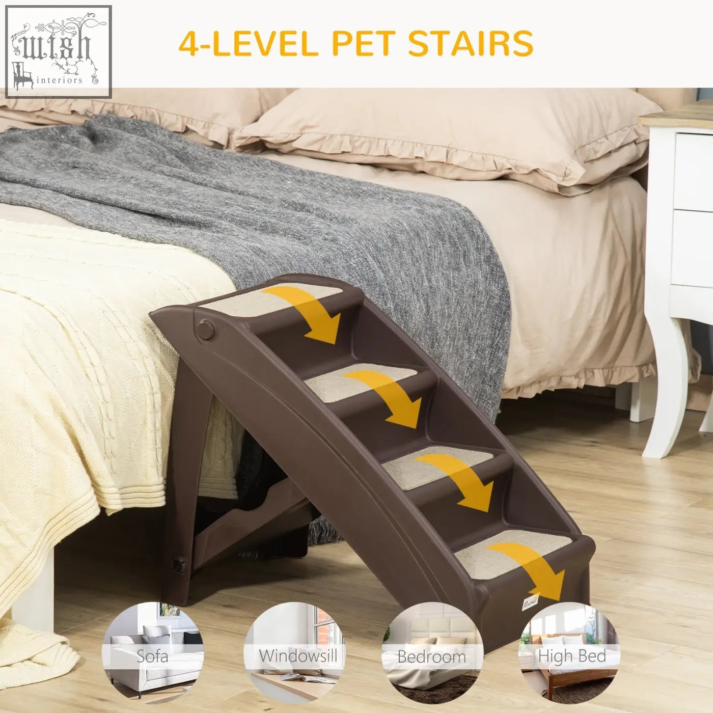 Brown pawhut foldable four-step pet stairs with non-slip feet and beige carpeted steps for small dogs and cats