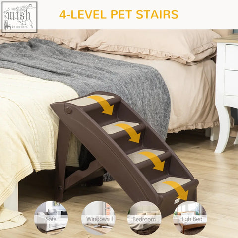 Brown pawhut foldable four-step pet stairs with non-slip feet and beige carpeted steps for small dogs and cats