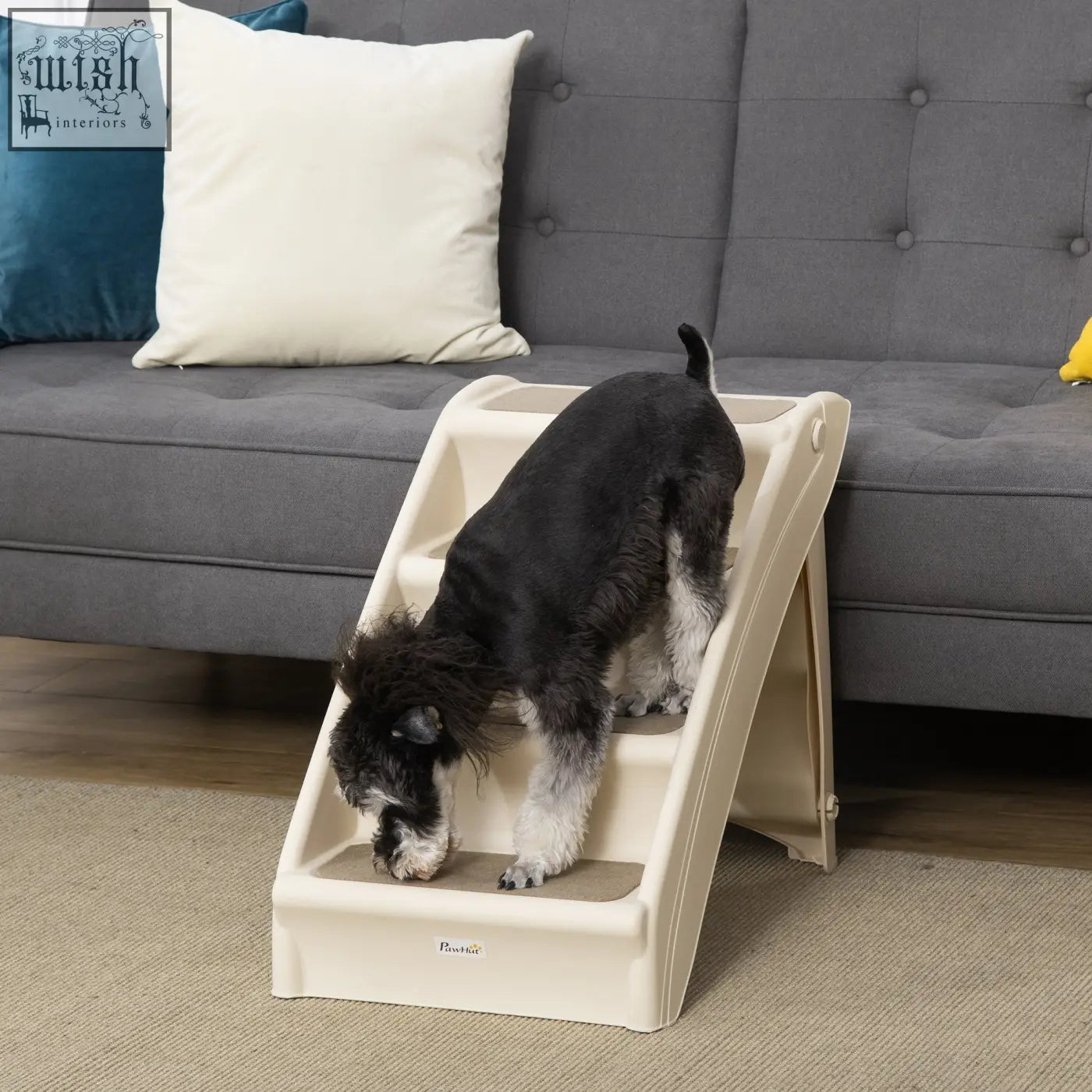 Beige plastic pawhut foldable pet stairs with carpeted steps and non slip mats for miniature dogs climbing