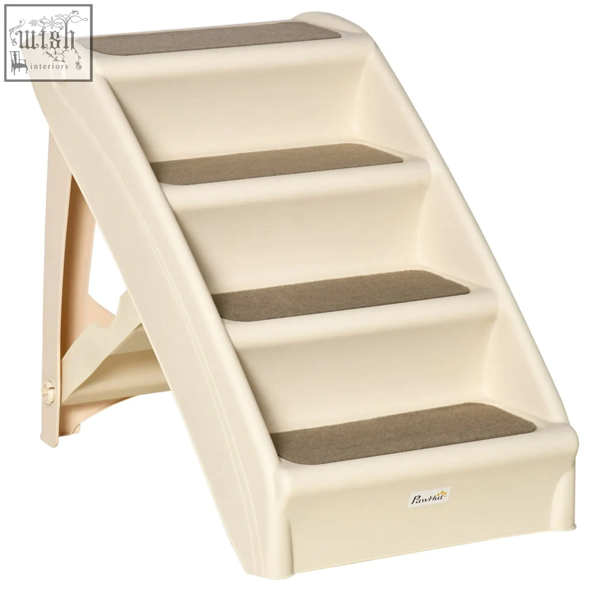 Beige pawhut foldable four-step pet stairs with gray non-slip mats for cats and miniature dogs with carpeted steps