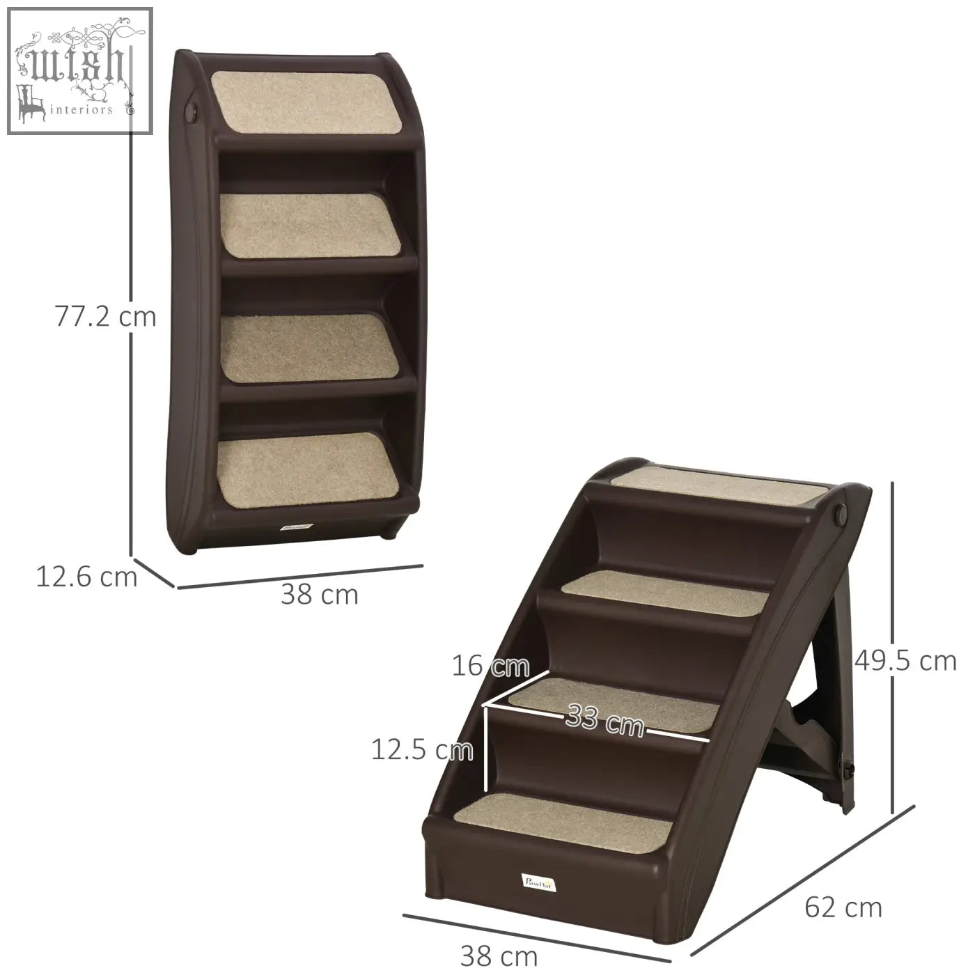 Brown pawhut foldable four-step pet stairs with beige carpeted steps and non-slip feet for small dogs and cats