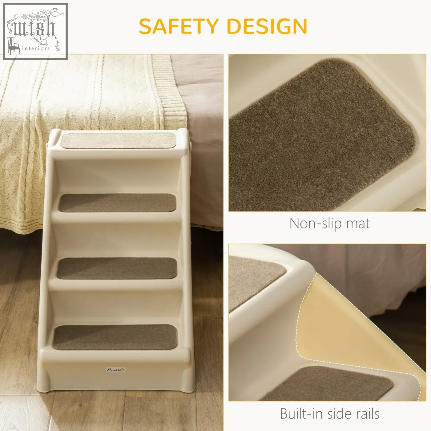 Beige pawhut foldable pet stairs with textured gray non-slip mats and side rails for miniature dogs and cats