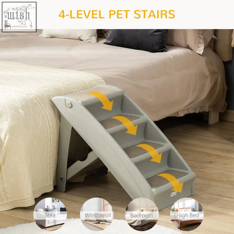 Gray plastic pet stairs with four foldable non-slip feet and textured steps for small dogs and cats by pawhut