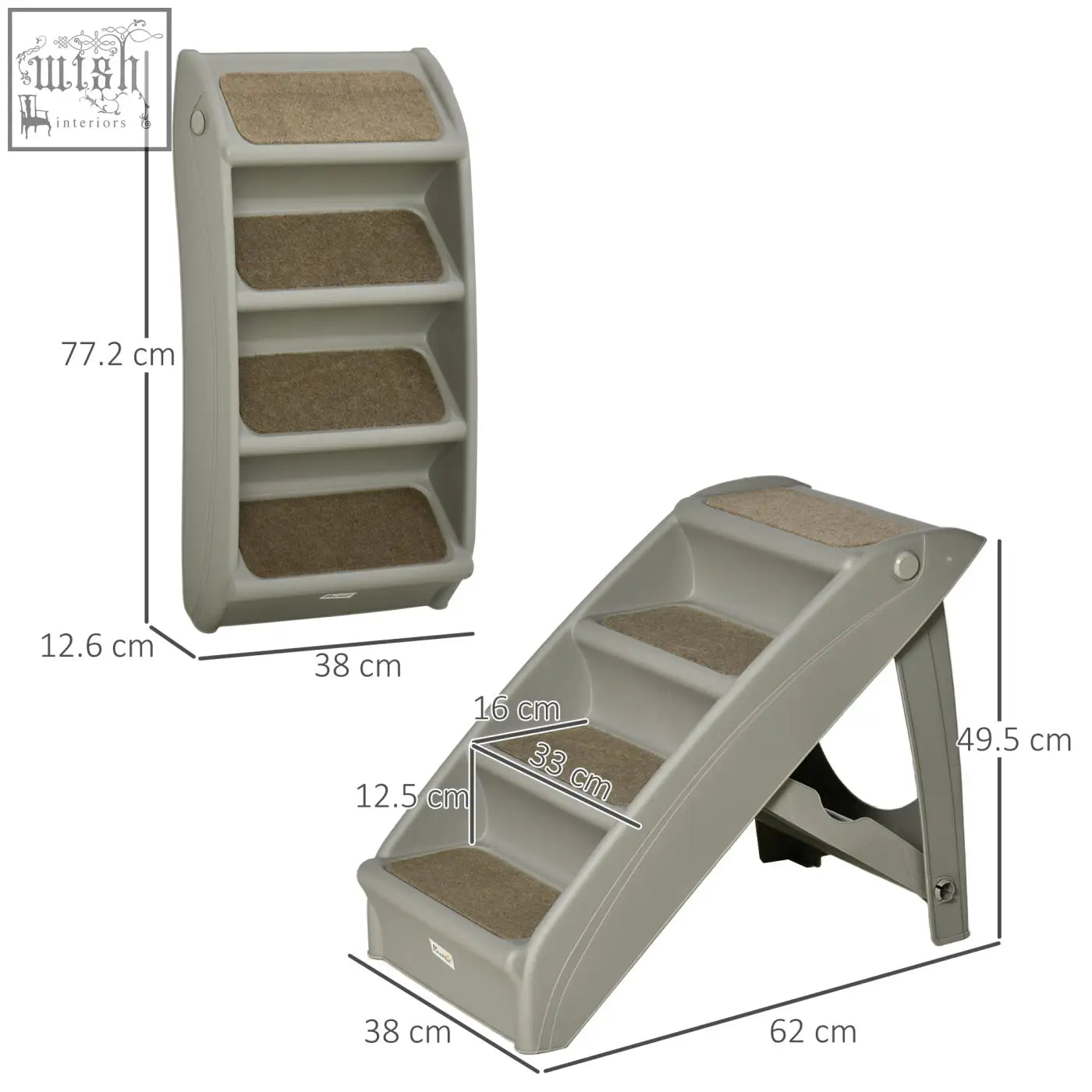 Pawhut foldable gray plastic pet stairs with four carpeted steps and non-slip feet for cats and small dogs