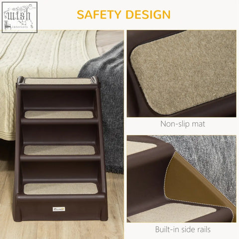 Brown pawhut foldable four-step pet stairs with beige non-slip mats and built-in side rails for small pets