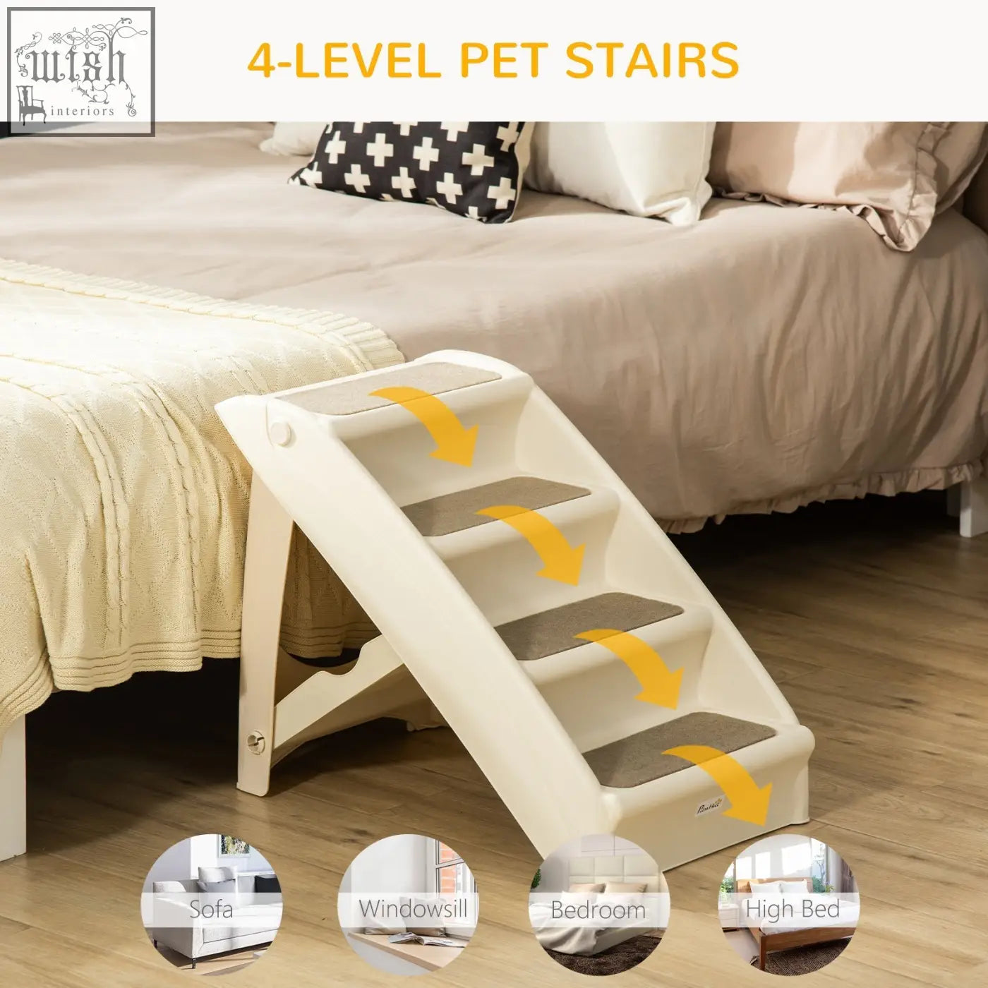 Beige pawhut foldable pet stairs with four gray non-slip carpeted steps for cats and miniature dogs 62 x 38 x 49.5cm