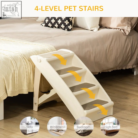 Beige pawhut foldable pet stairs with four gray non-slip carpeted steps for cats and miniature dogs 62 x 38 x 49.5cm