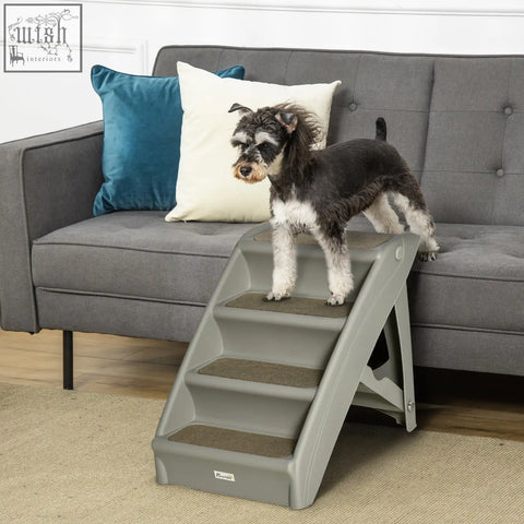 Gray plastic pawhut foldable pet stairs with textured non-slip feet and carpeted steps for small dogs and cats
