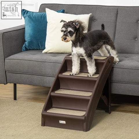 Brown pawhut foldable four-step pet stairs with beige carpeted steps and non-slip feet for small dogs and cats