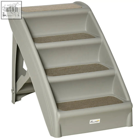 Gray pawhut foldable four-step pet stairs with carpeted steps and non-slip feet for cats and small dogs