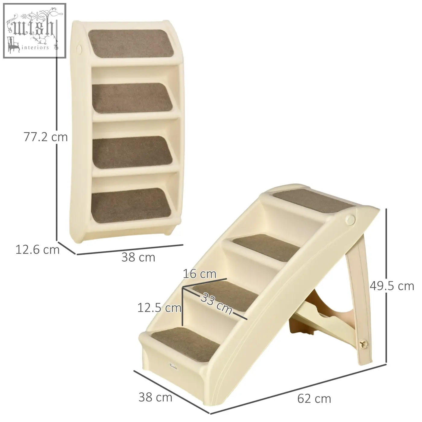 Beige pawhut foldable pet stairs with four textured brown non-slip carpeted steps for miniature dogs and cats