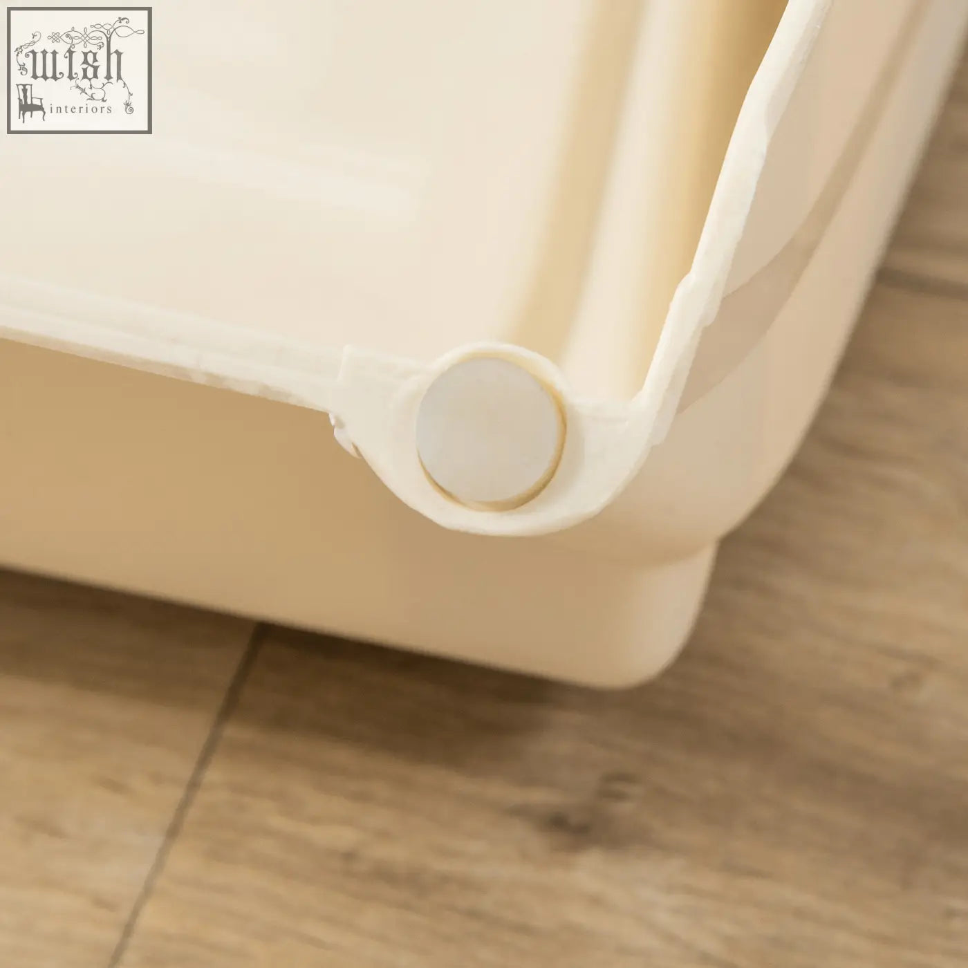 Cream-colored plastic storage bin with rounded corner and white handle for pawhut foldable pet stairs with carpeted steps for miniature dogs