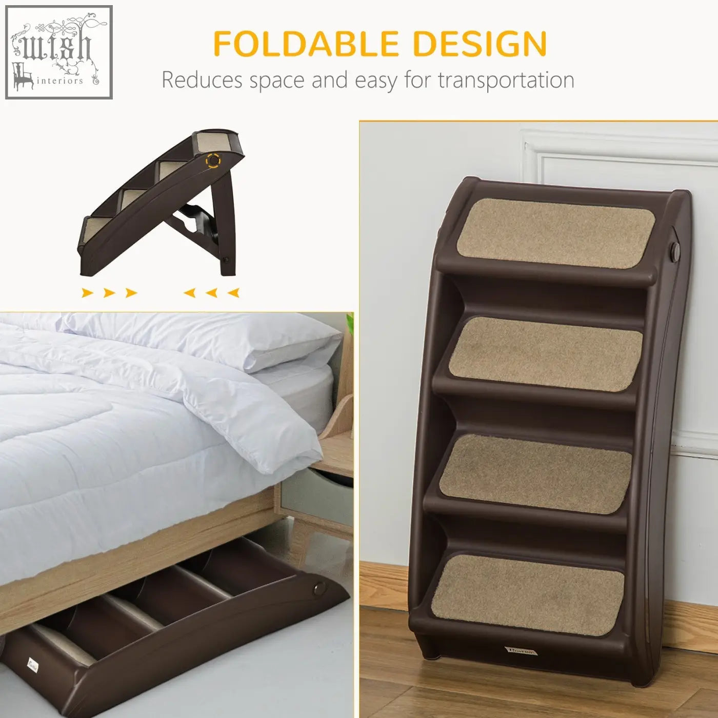 Brown foldable pet stairs with four carpeted steps and non-slip feet for cats and small dogs by pawhut