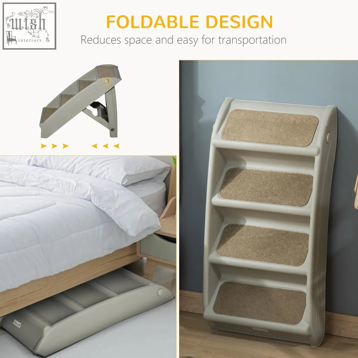 Beige pawhut foldable pet stairs with carpeted steps and non-slip feet for safe climbing by cats and small dogs