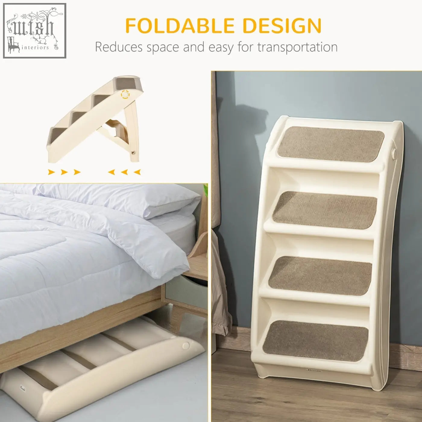 Cream-colored pawhut foldable four-step pet stairs with gray carpeted steps and non-slip mats for miniature dogs and cats
